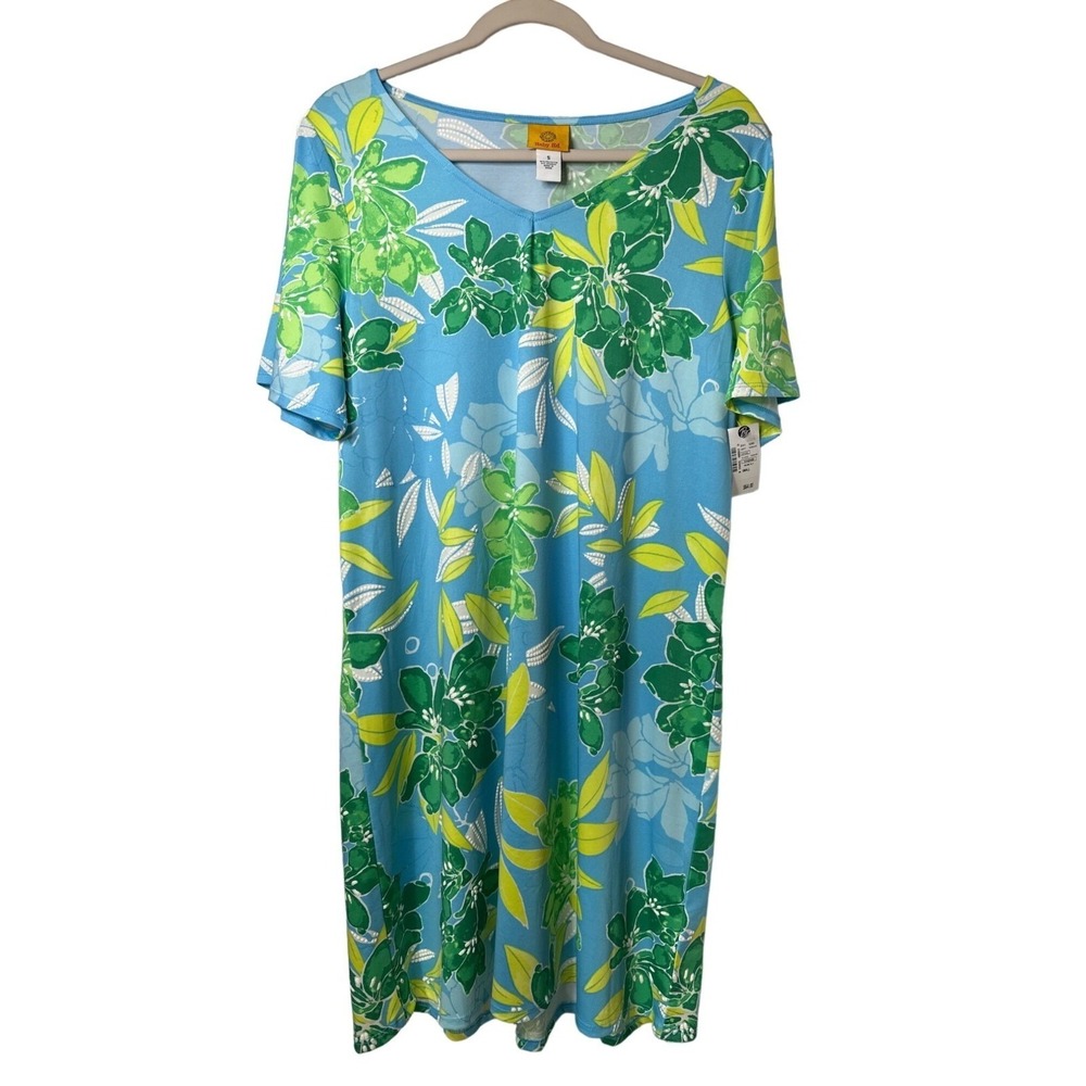 Ruby Rd Small Blue Floral V‑Neck Fit & Flare Short Sleeve Dress Stylish Chic